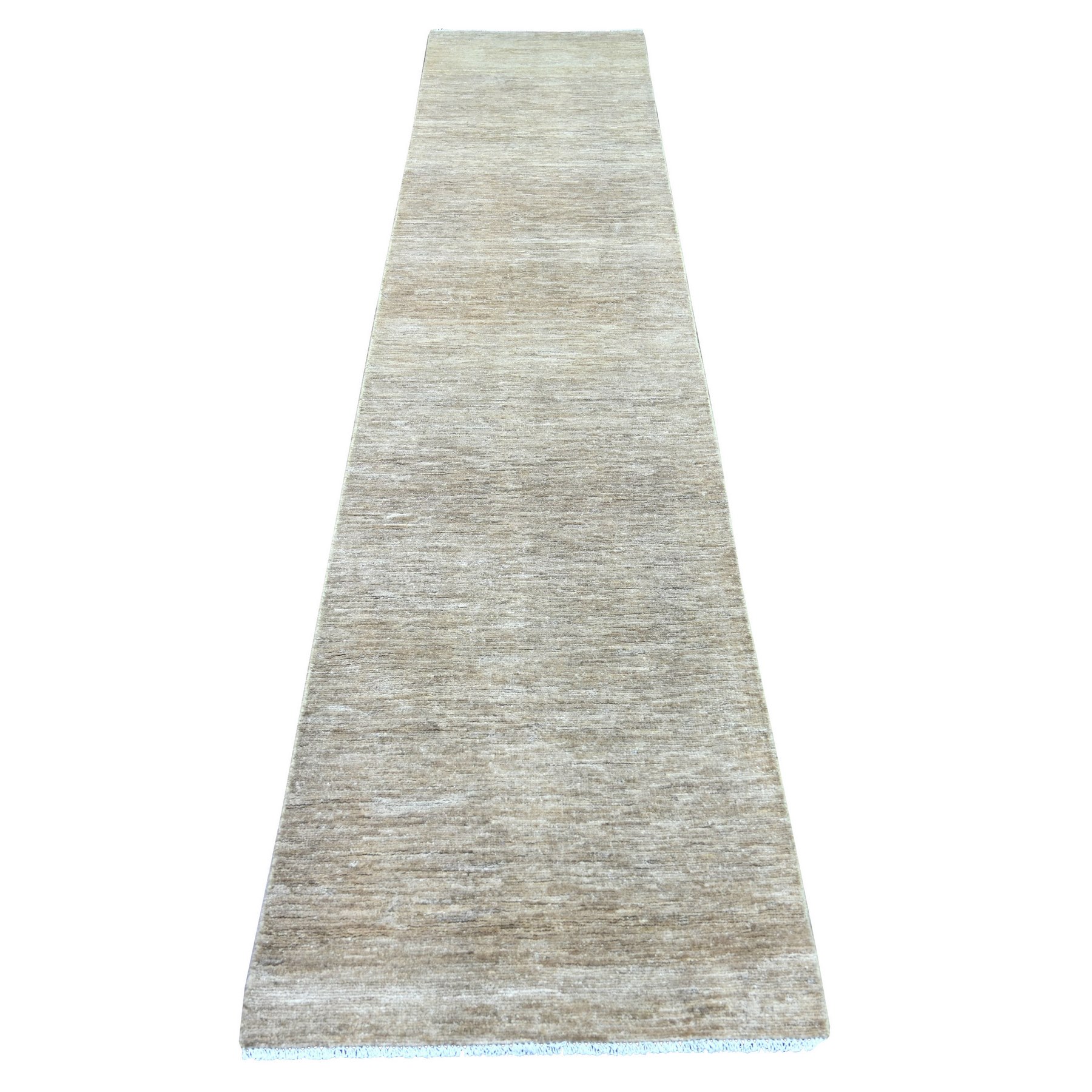 2'5"x11'4" Khaki Brown, Plain Solid Pattern, Hand Knotted, Hand Spun Ghazni Wool, Lush and Plush, Runner, Oriental Rug 